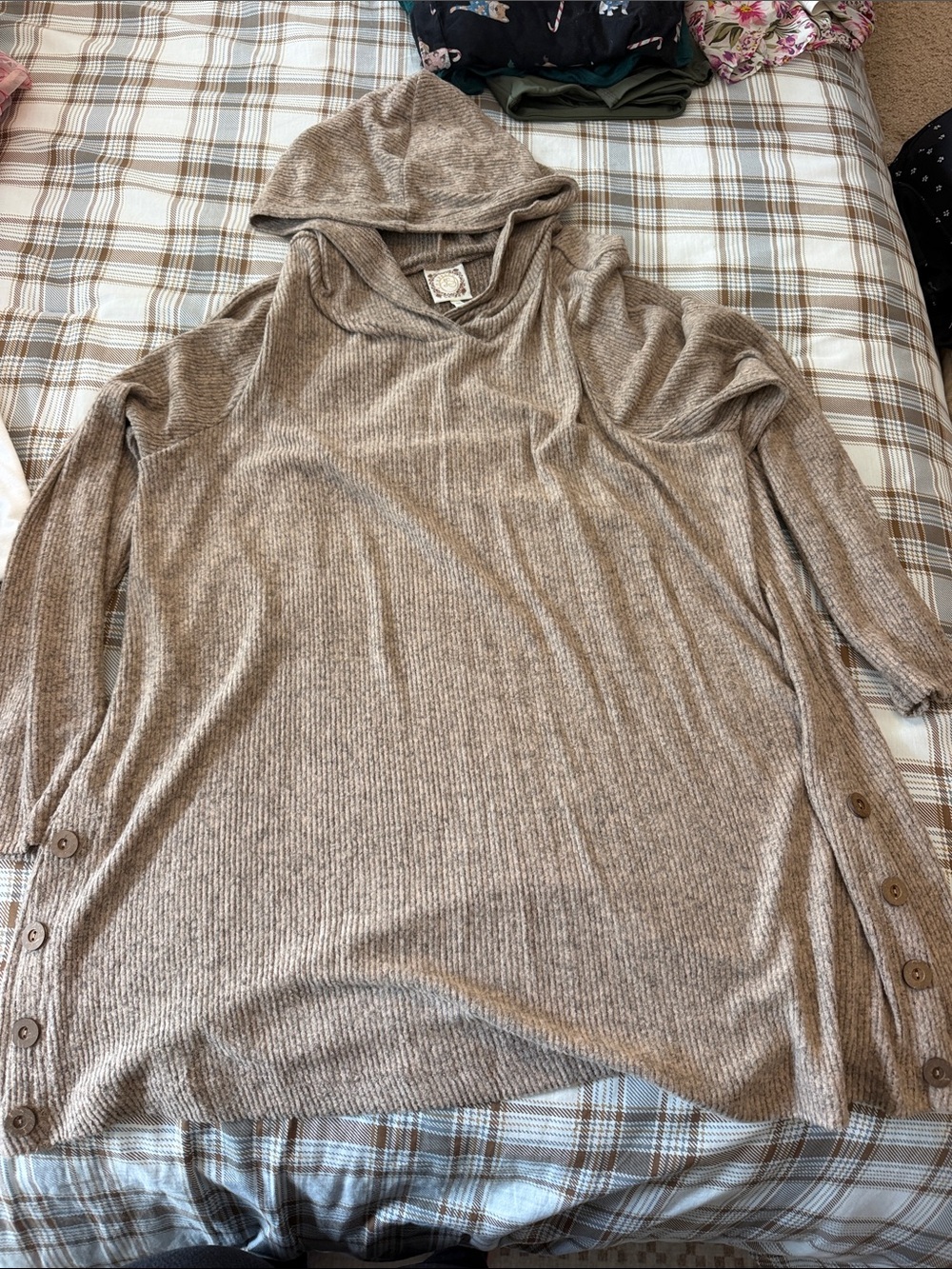 Cozy Hooded Rib-Knit Tunic Sweater in Taupe